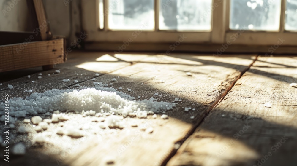 Poster Spilled salt on rustic wooden table under natural light with soft shadows and ample copy space for text or product promotion