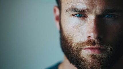 Obraz premium Handsome young man with a beard and striking blue eyes gazes intensely at the camera with ample empty space for text overlay.