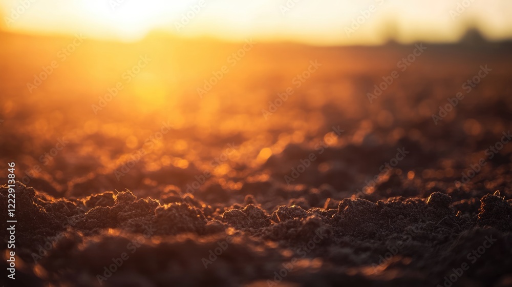 Fototapete Close up of dry soil at sunset with warm light creating a serene atmosphere and ample space for adding text or graphics