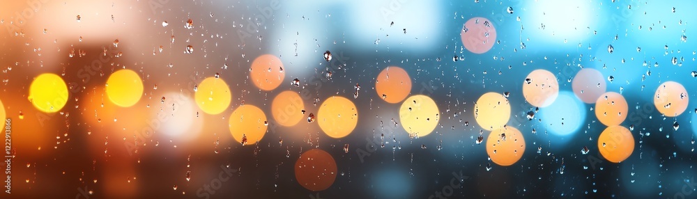 Poster abstract bokeh lights with raindrops creating a moody, atmospheric background.