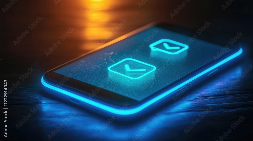 Aufkleber Glowing mobile app notification icon on smartphone with illuminated edges showcasing empty text space for user engagement and messaging purposes