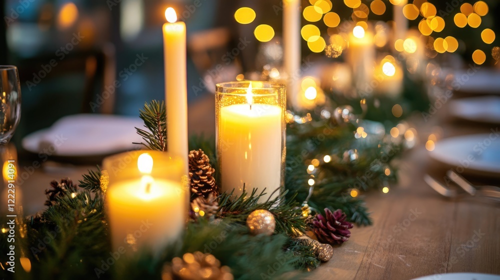 Poster Illuminated candles on a decorative table with festive greenery and bokeh lights creating a cozy atmosphere for gatherings and celebrations