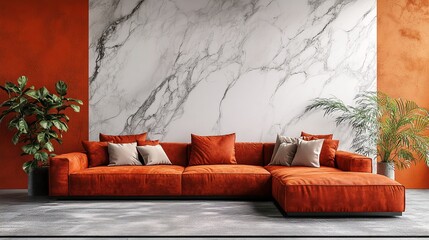 A modern living room with an orange couch and marble wall.