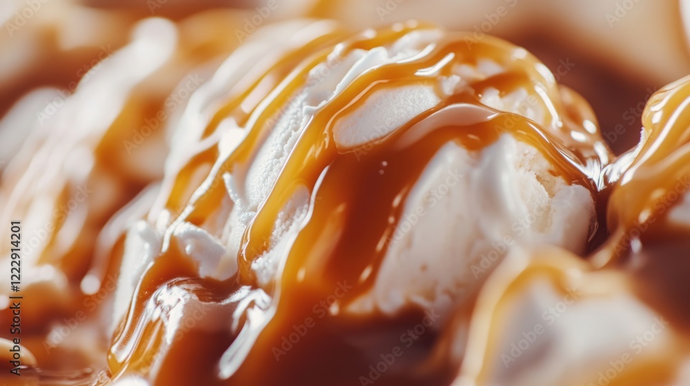 Aufkleber Close up of creamy ice cream topped with rich caramel sauce with blurred background and ample space for placing text or branding