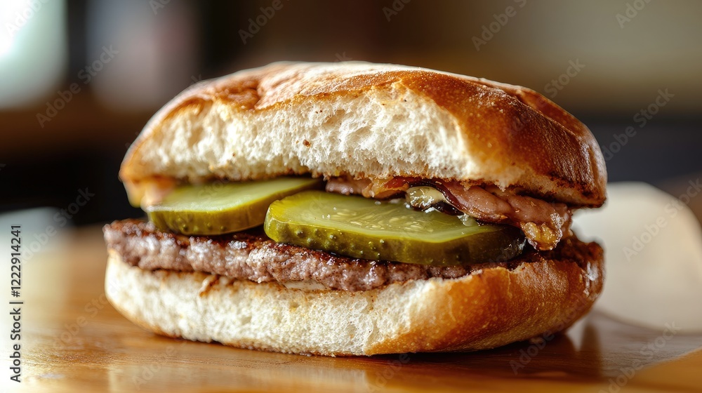Aufkleber Close up of a gourmet burger with handmade pickles on a rustic wooden table showcasing an empty space for customizable text or branding