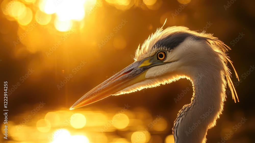 Poster Heron Eye Close Up at Sunset Over Pond with Soft Bokeh Background and Space for Text