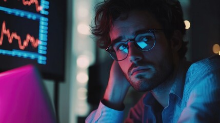 Financial analyst focused on market trends at desk with laptop, displaying data analysis in modern office setting with ambient lighting.