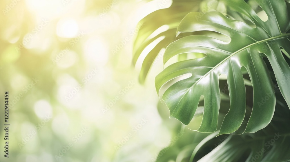 Aufkleber close up of a lush tropical leaf illuminated by soft light with a blurred background ideal for text 