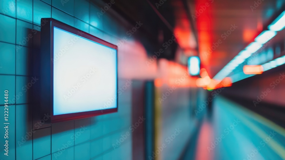 Poster close up of hd led monitor in subway station with changing images and empty copy space for advertise