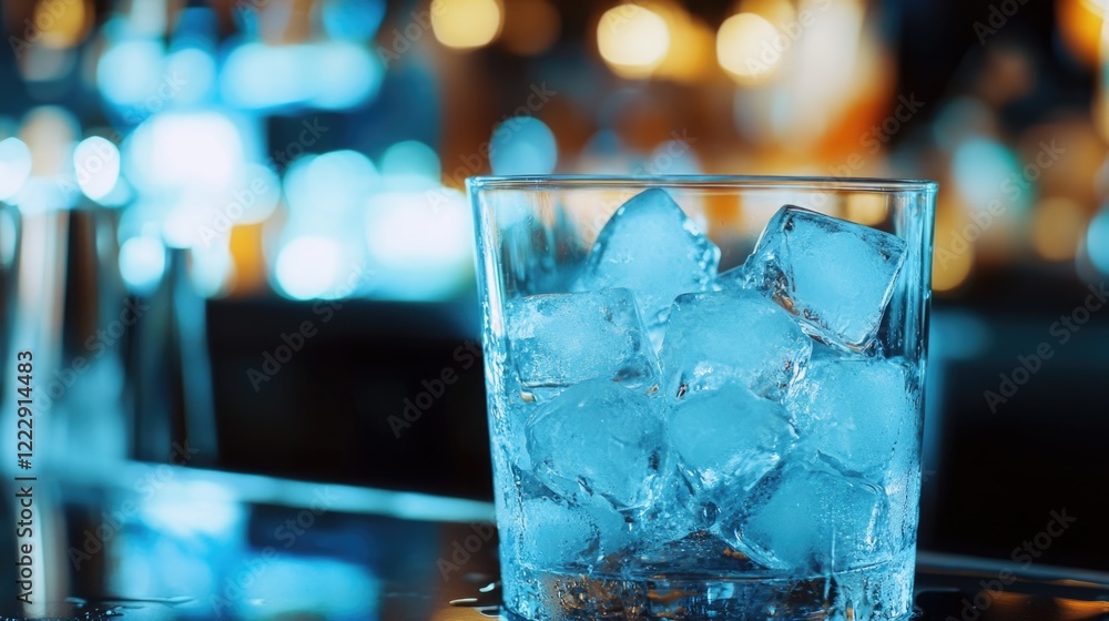 Poster close up of ice cubes in a glass on a bar counter with blurred background ideal for beverage adverti
