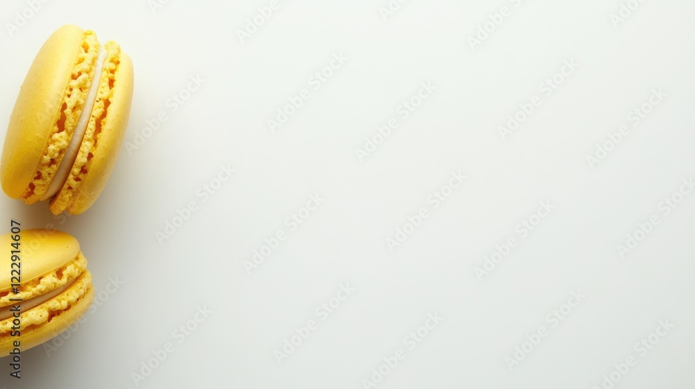 Poster close up of yellow macaron dessert on a white background with blank space for text or branding optio