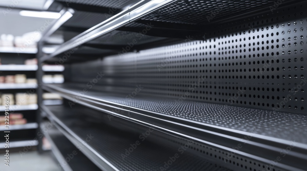 Poster close up view of black steel shelving unit in retail store showcasing empty shelves ideal for produc