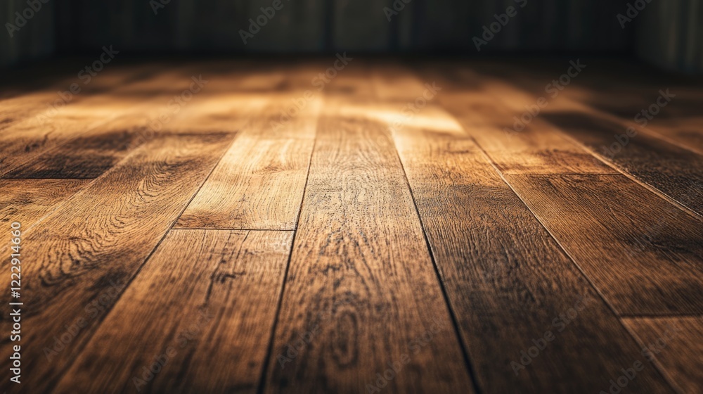 Poster close up of polished hardwood parquet flooring with natural lighting creating depth and texture for 