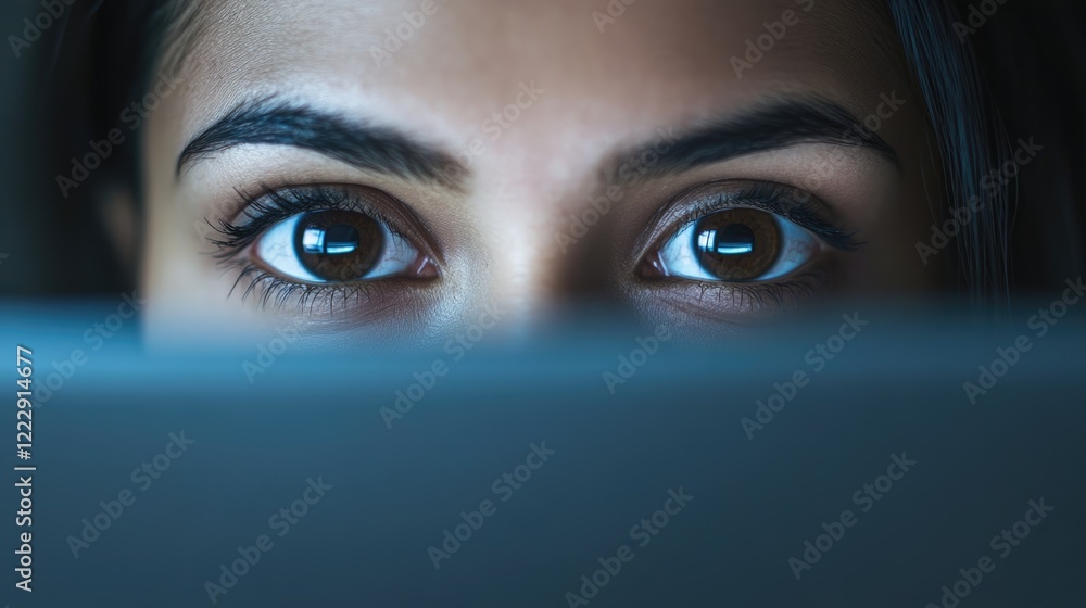 Poster Close up of focused human eyes reflecting on a computer screen with blurred background and empty copy space for text insertion and design