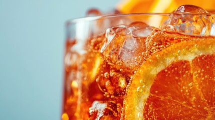 Close up of a refreshing orange cocktail with ice showcasing vibrant colors and textures perfect...