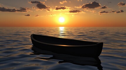 A serene sunset over calm waters featuring a silhouetted boat, creating a peaceful and tranquil atmosphere.