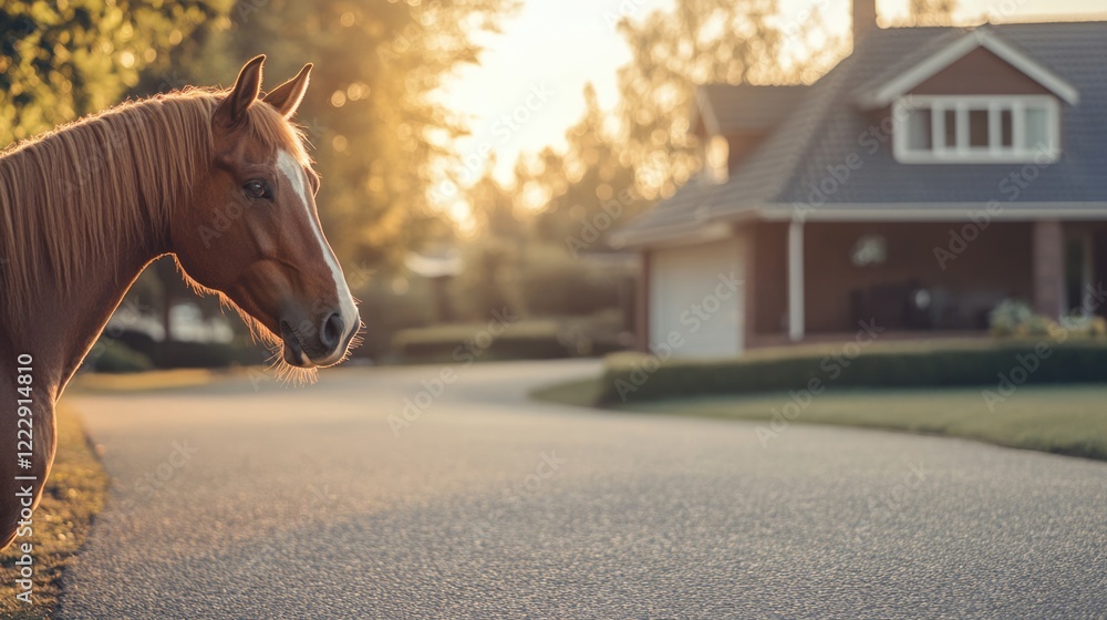 Poster horse and house on a smooth driveway during sunset with soft focus background and empty space for te