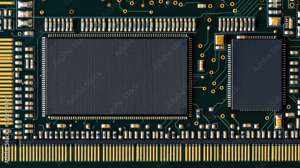 Fototapete High tech microprocessor circuit board detail with blank area for text and branding applications in technology and electronics industries