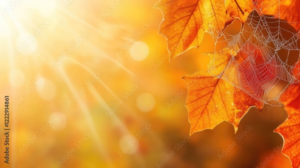Poster Close up of vibrant autumn leaves and delicate cobweb capturing sunlight with bokeh effect ideal for nature themed text and designs