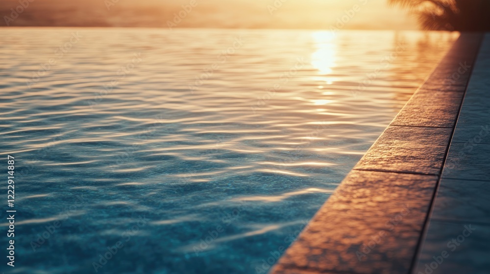 Poster Tranquil waterfront pool at sunset with serene reflective water surface and empty space for text or advertisements