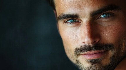 Obraz premium Handsome man with striking blue eyes gazing at the camera with dark background and empty space for text or graphic overlay