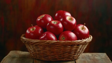 ripe red apples in a basket, vibrant and natural colors, rustic wooden background, inviting and detailed focus on the fruits