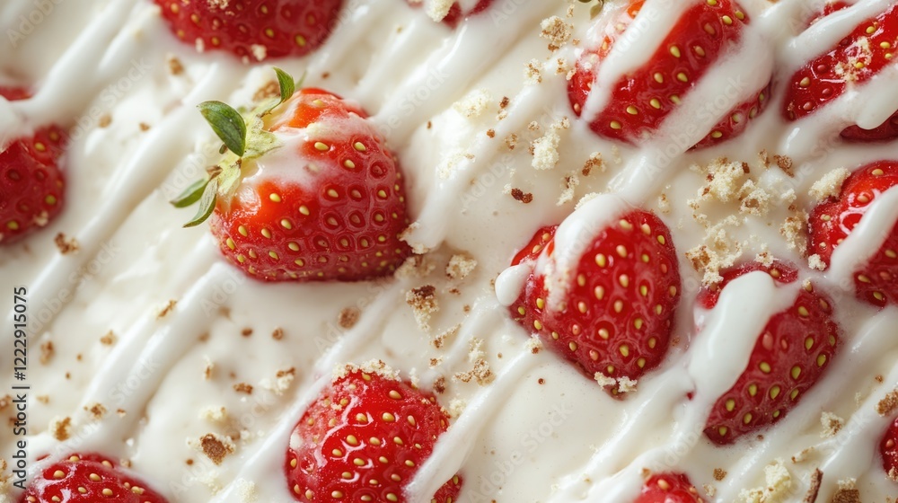 Poster close up of a delicious strawberry tart with creamy drizzle and fresh strawberries on a light backgr