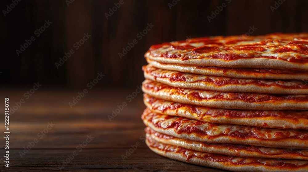 Poster Stack of freshly baked pizzas in a rustic restaurant setting with ample empty space for promotional text or graphics