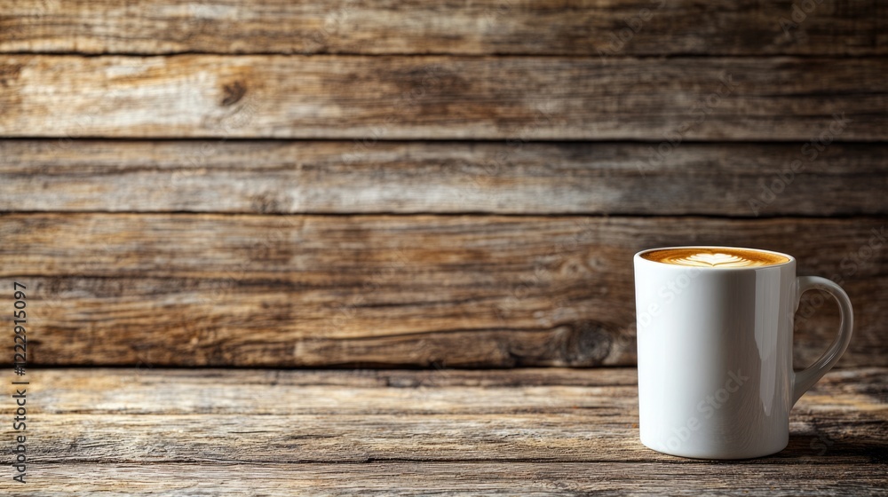 Poster Artistic latte art in a white mug placed on rustic wooden table with ample blank space for text highlighting cozy coffee moments