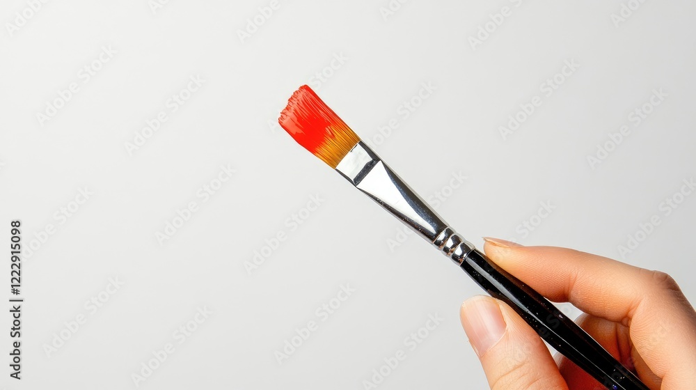 Poster Hand holding a paintbrush with vibrant bristles and blank space for custom text or creative designs in an artistic setting