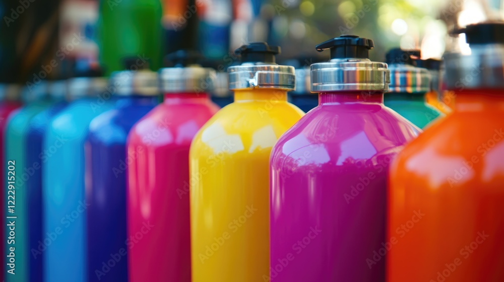 Poster helium tanks in vibrant colors lined up at a celebration with empty space for text and balloons read