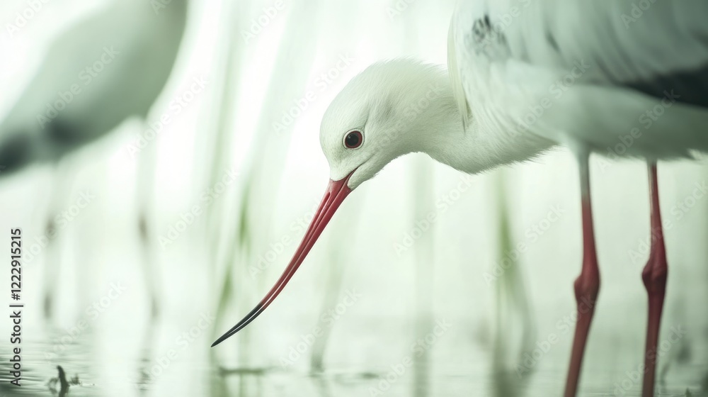 Poster elegant white stilt bird with long curved beak foraging in wetland surrounded by lush greenery and t