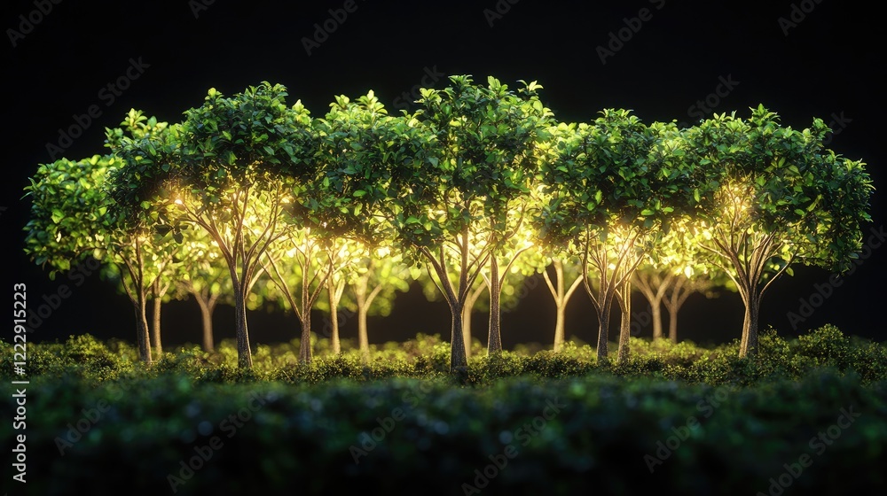 Poster Illuminated cluster of vintage trees glowing in sunlight with dark background providing ample space for overlay text or graphics