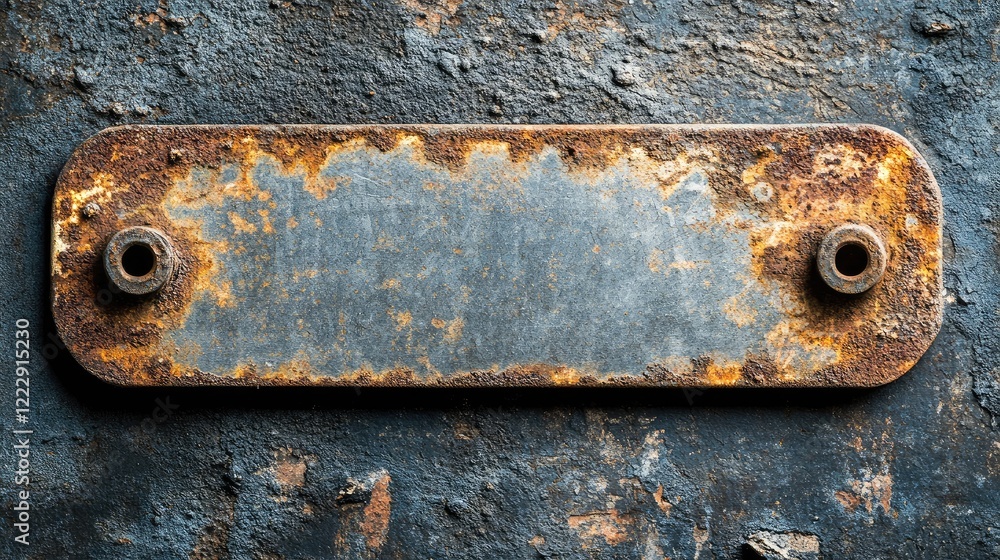 Poster Rustic scratched metal plate with textured surface and blank space for text or signage on a weathered grunge background