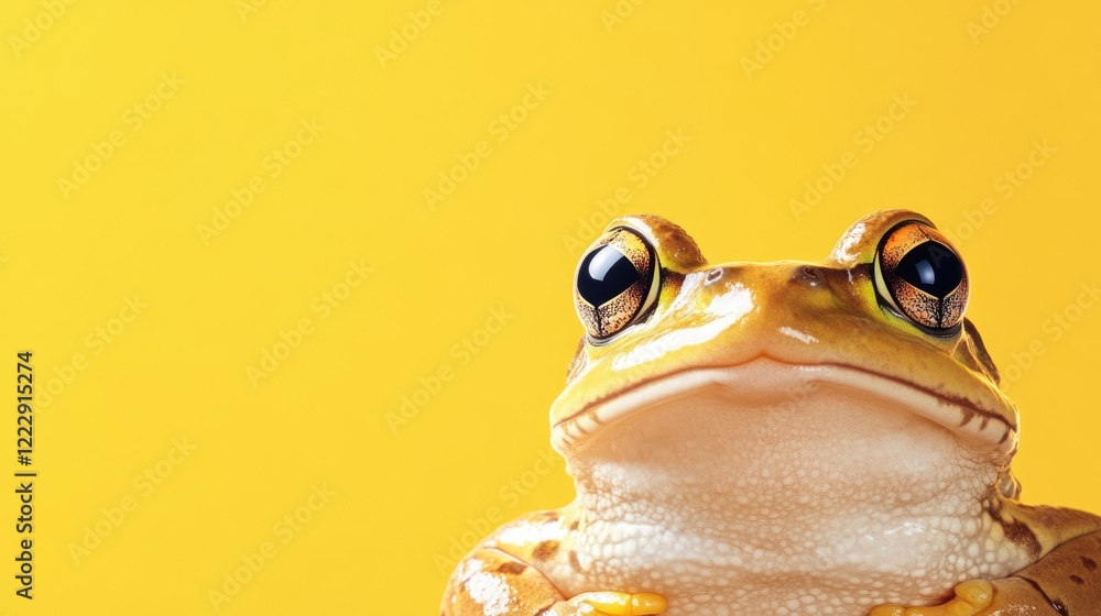 Poster happy frog portrait against a vibrant yellow background with ample empty space for creative text or 
