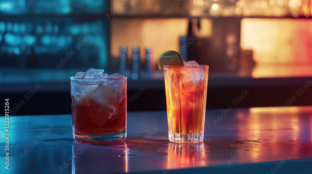Poster refreshing ice cold cocktails on a stylish bar counter with vibrant lighting and empty space for pro