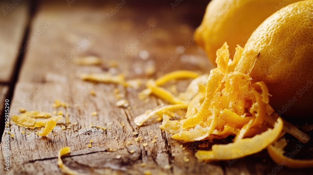 Poster Close Up of Fresh Lemon Zest on Rustic Wood Table with Shallow Depth of Field and Space for Text Overlay