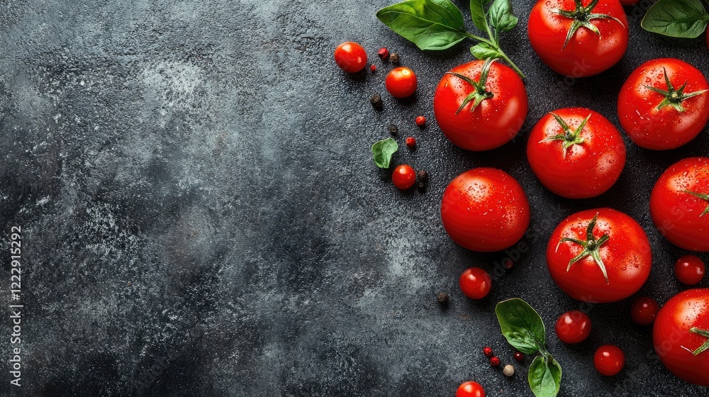 Poster ripe red tomatoes arranged artistically on a dark surface with fresh basil and space for text or pro