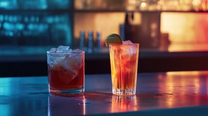 Refreshing ice cold cocktails on a stylish bar counter with vibrant lighting and empty space for promotional text or branding.
