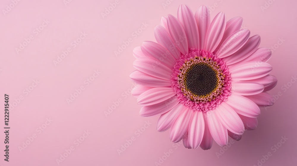 Poster Daisy flower close up on pink background with ample space for text creating a soft and inviting floral aesthetic for various design needs