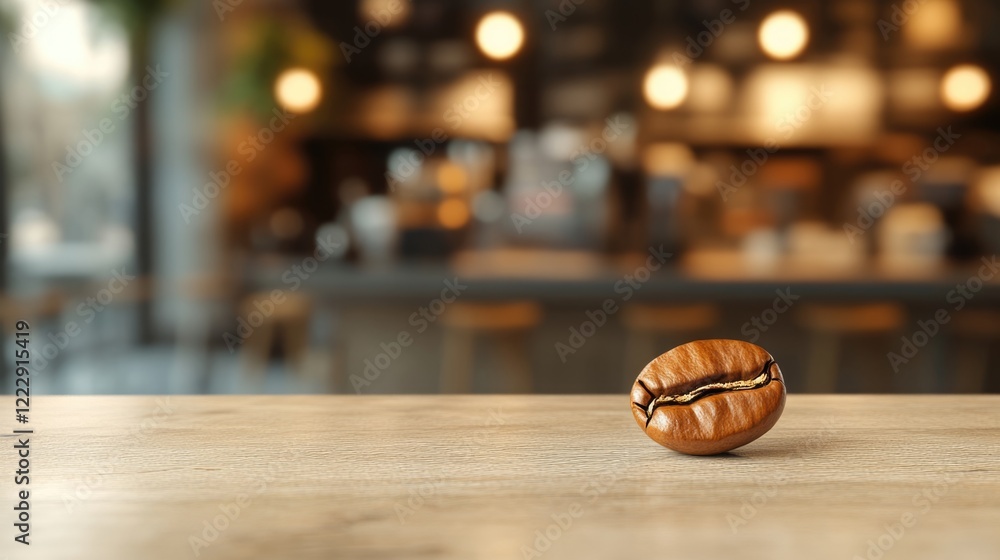 Poster roasted coffee bean close up on wooden table with blurred coffee shop interior and ample copy space 