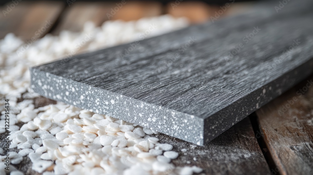 Aufkleber Gray wooden plank close up on foam chip background with ample space for text or design elements in a rustic setting