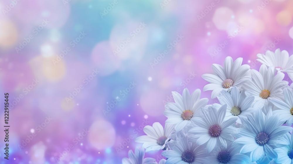 Poster Close-up of white daisies on a vibrant blurred pastel background with empty space for adding your own text or design elements.