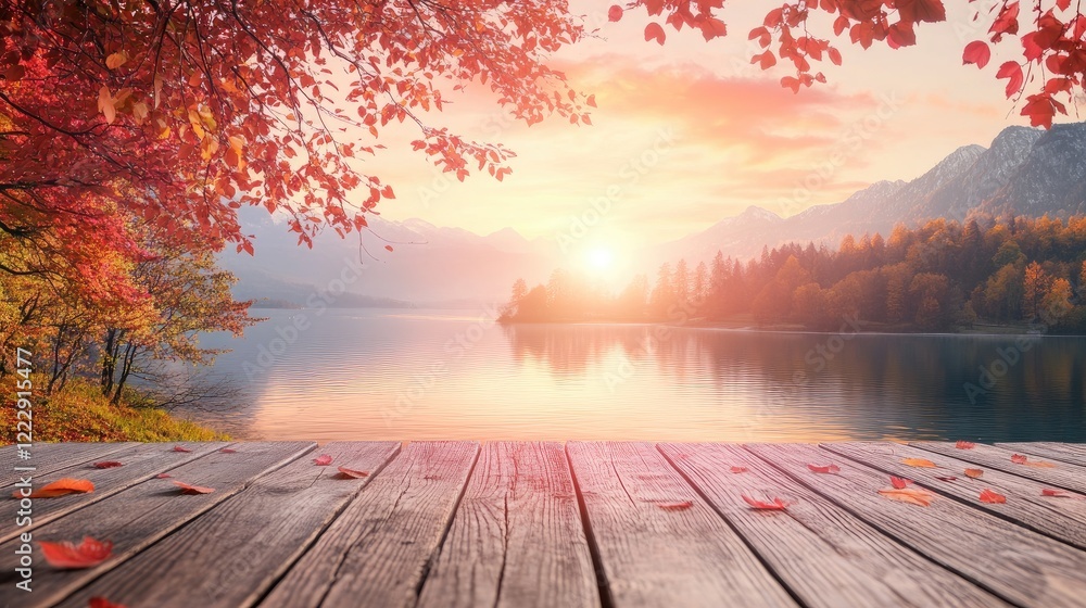 Poster Serene sunset reflecting on tranquil lake surrounded by autumn foliage and wooden dock creating empty space for text or design elements