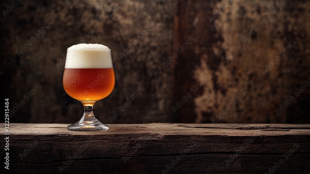 Poster Close up of a frothy amber beer in a glass on rustic wooden table with empty space for promotional text or advertising message