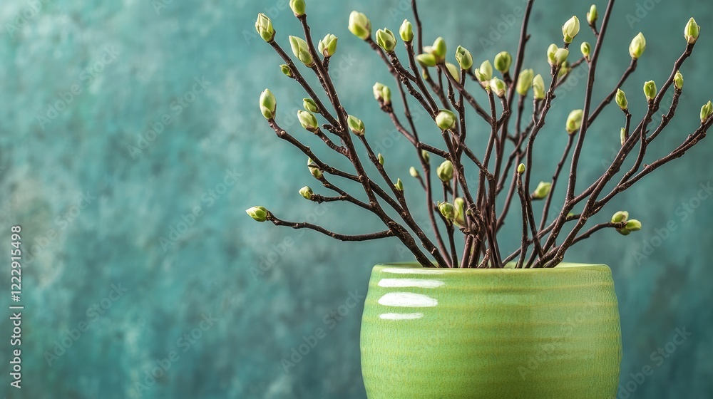 Poster Close up of a vibrant green flower pot with budding branches and ample empty space for text or design elements