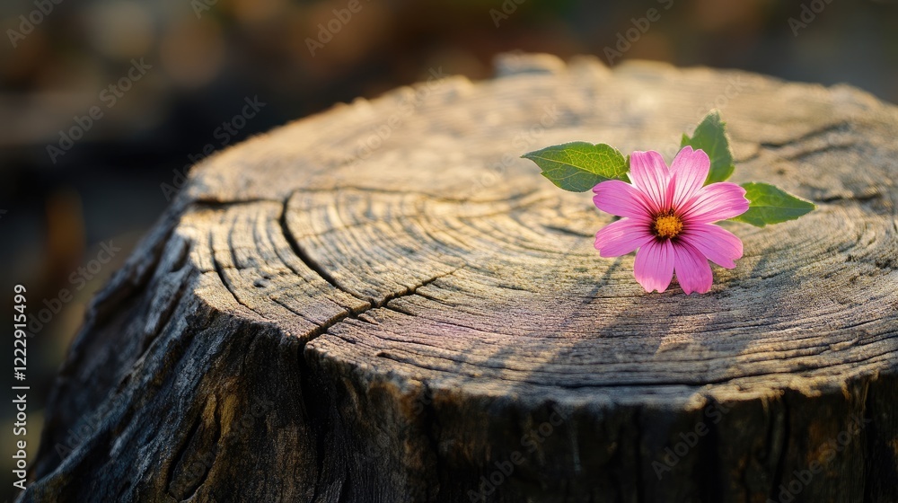 Poster flower on a tree stump with natural textures showcasing a serene outdoor scene and ample space for t