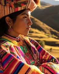 Obraz premium Close-up portrait of a Peruvian woman in vibrant traditional Andean clothing, with dramatic lighting highlighting intricate textiles and accessories, against a blurred Sacred Valley backdrop