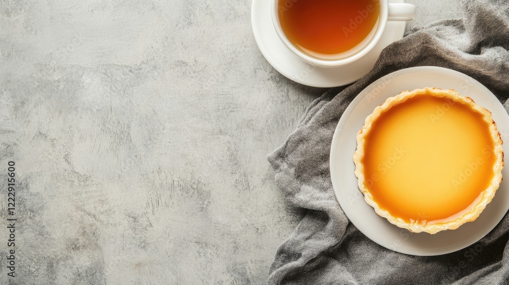 Aufkleber creamy custard flan on white plate with cup of tea and gray napkin on textured surface elegant desse