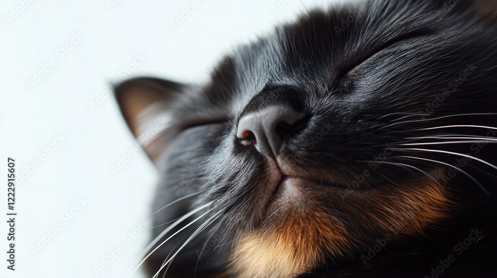 Aufkleber Close up of a content black and brown cat with closed eyes on a white background providing ample empty space for text or logo inclusion